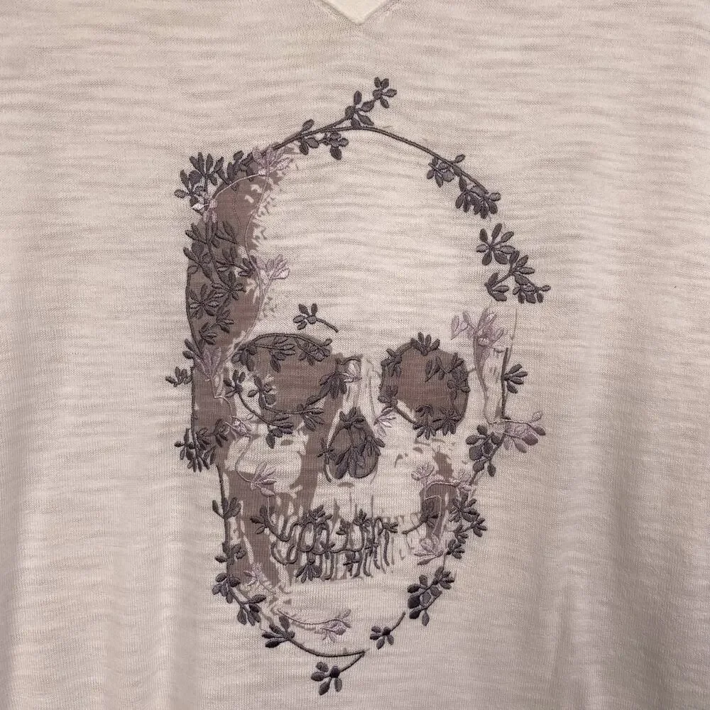 Skull Cashmere Embroidered Skull Graphic Cap Sleeve T-Shirt White Small - Picture 2 of 6